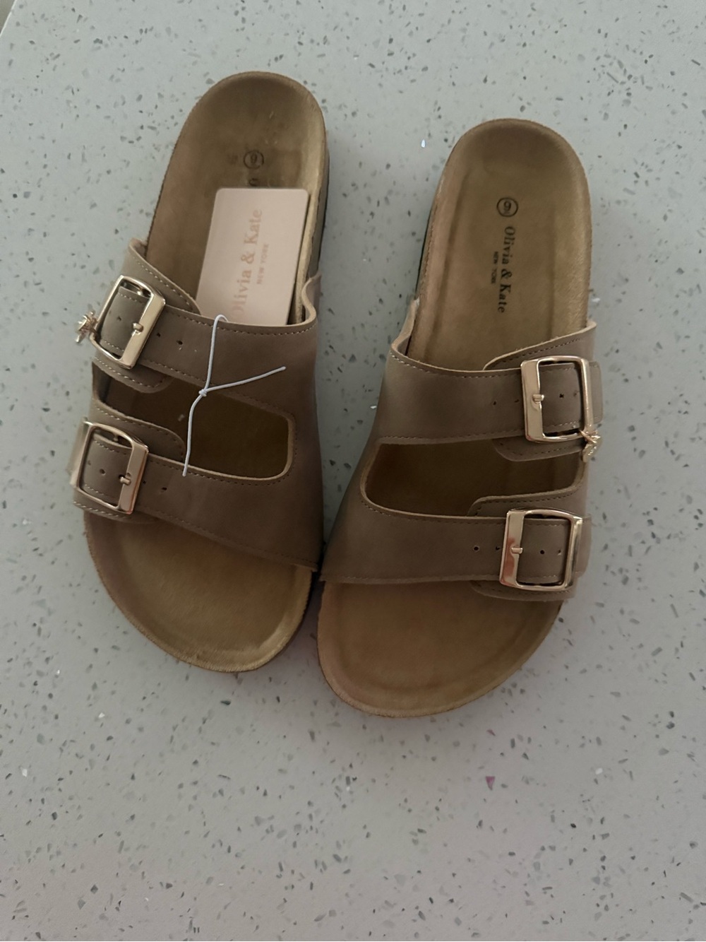 Women's Tan Double-Buckle Slide Sandals